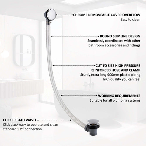 Buy Easy clean cut to size pipe bath sprung waste & overflow (bath thickness 5-15mm) - chrome online UK