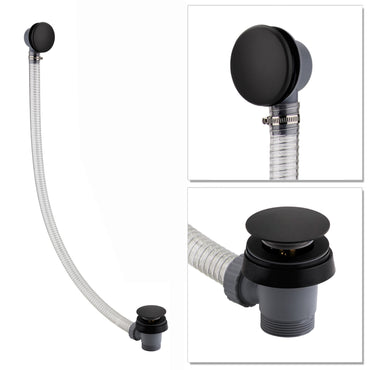 Easy clean cut to size pipe bath sprung waste & overflow (bath thickness 5-15mm) - matt black