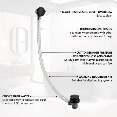 Buy Easy clean cut to size pipe bath sprung waste & overflow (bath thickness 5-15mm) - matt black online UK