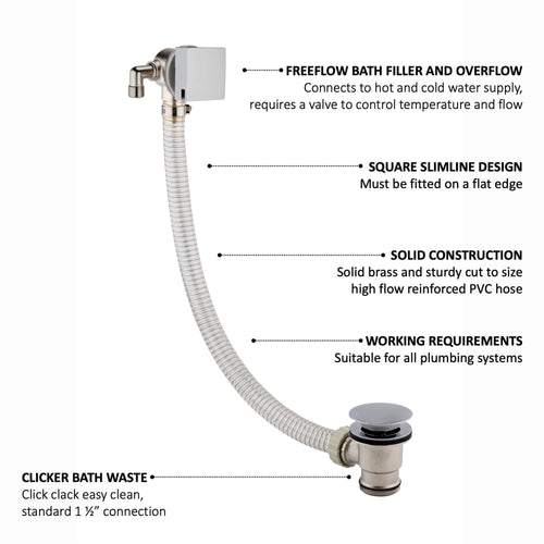 Buy Square freeflow bath filler with overflow and clicker waste - chrome online UK