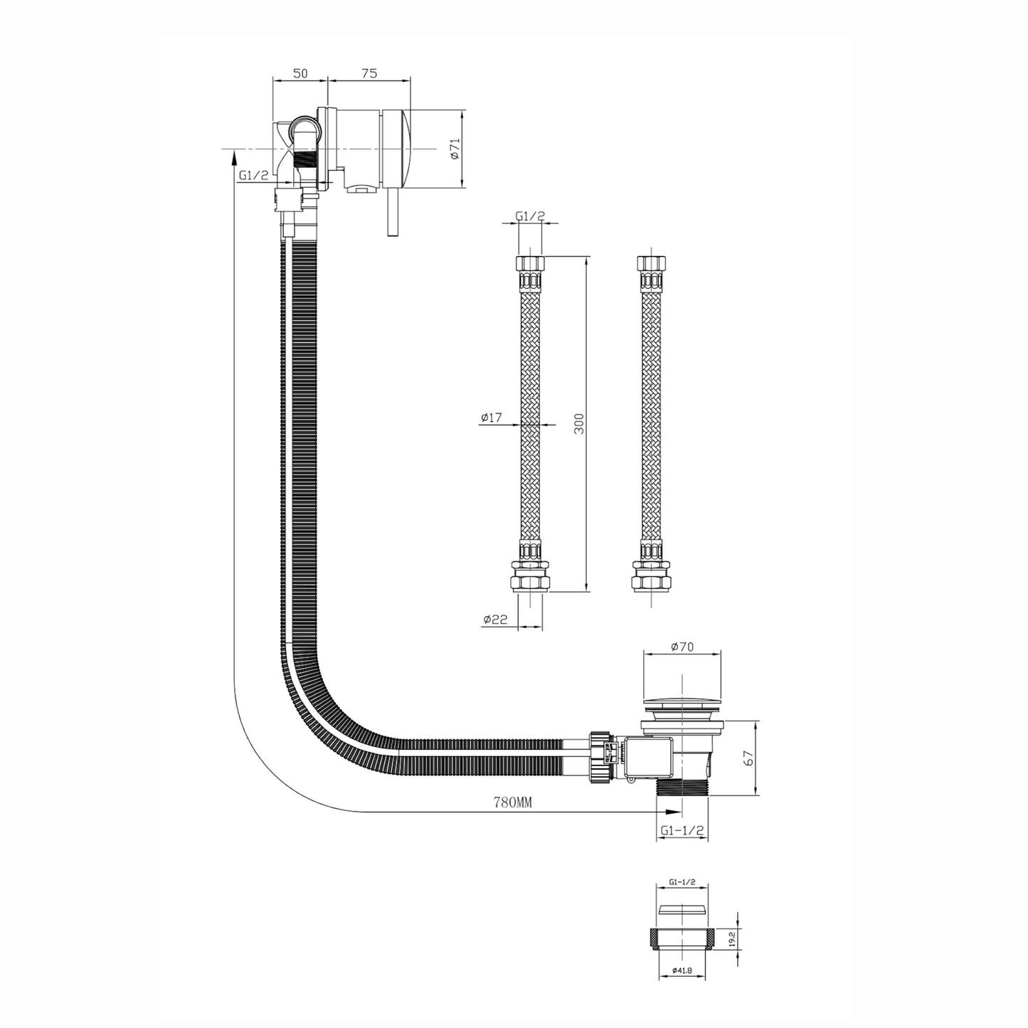 Round freeflow bath filler with overflow and pop up waste - chrome