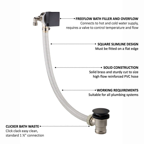 Buy Square freeflow bath filler with overflow and clicker waste - matt black online UK