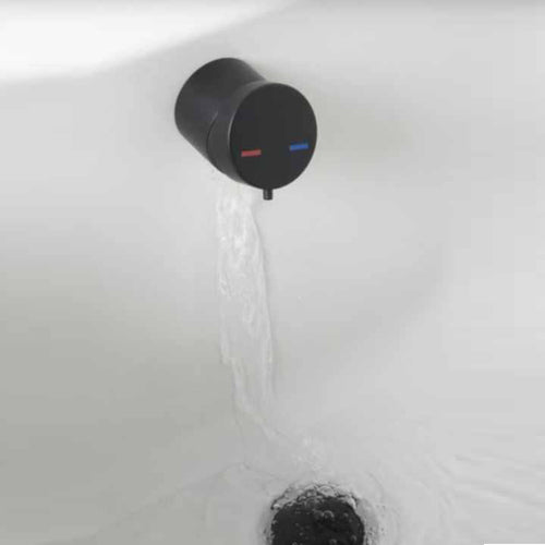 Buy Round temperature control bath mixer filler with overflow and clicker waste - matt black online UK