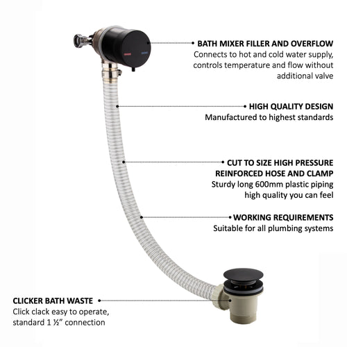 Round temperature control bath mixer filler with overflow and clicker waste - matt black