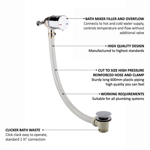 Round temperature control bath mixer filler with overflow and clicker waste - chrome