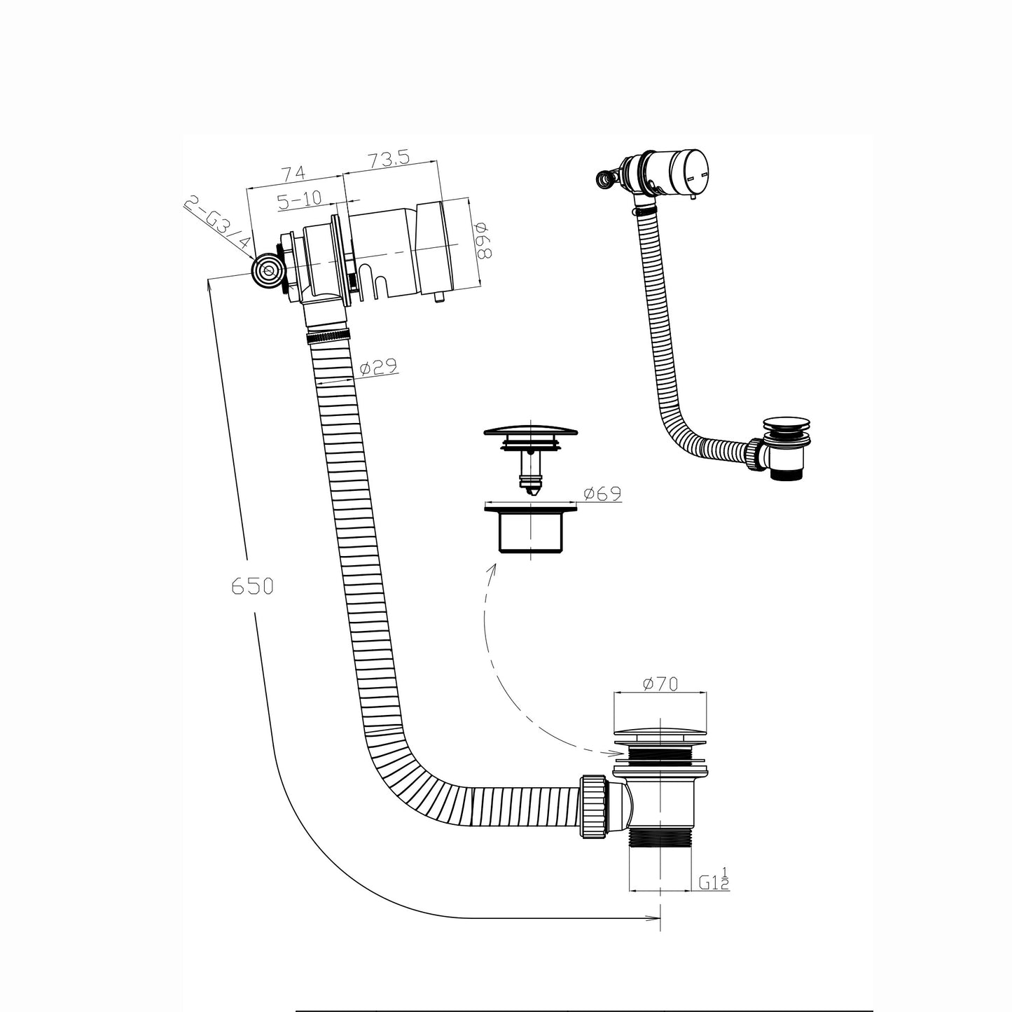 Round temperature control bath mixer filler with overflow and clicker waste - chrome