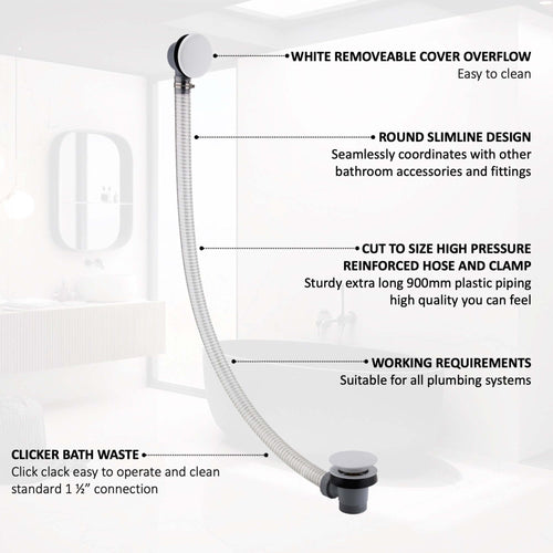 Buy Easy clean cut to size pipe bath sprung waste & overflow (bath thickness 5-15mm) - matt white online UK