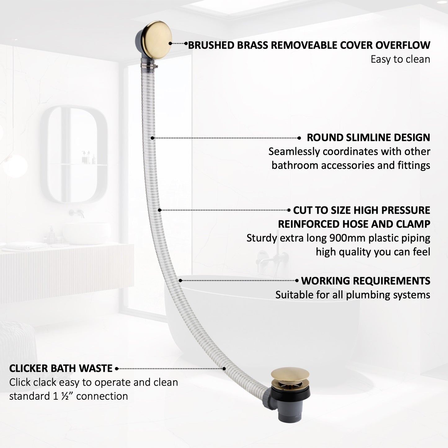 Easy clean cut to size pipe bath sprung waste & overflow (bath thickness 5-15mm) - brushed brass