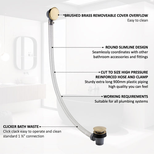 Buy Easy clean cut to size pipe bath sprung waste & overflow (bath thickness 5-15mm) - brushed brass online UK