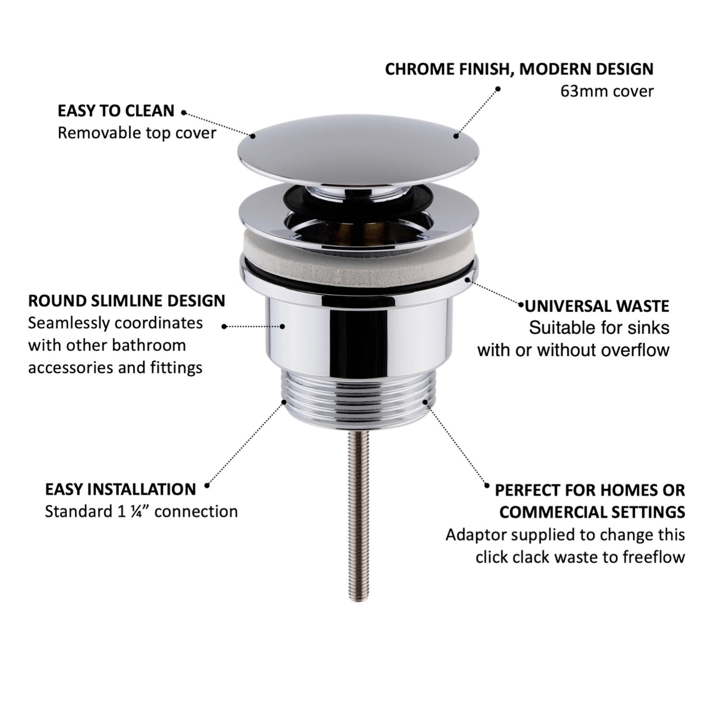 Universal click clack or freeflow basin waste for sinks with or without overflow - chrome