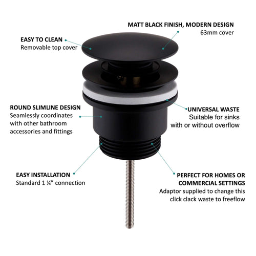 Buy Universal click clack or freeflow basin waste for sinks with or without overflow - matt black online UK
