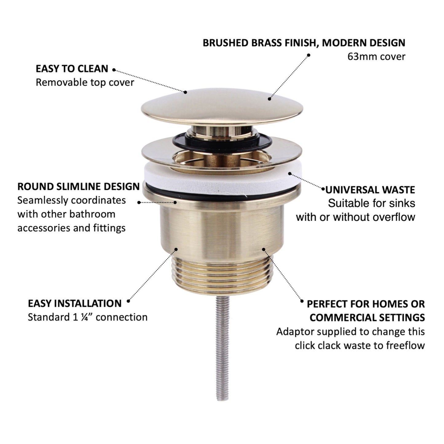 Universal click clack or freeflow basin waste for sinks with or without overflow - brushed brass