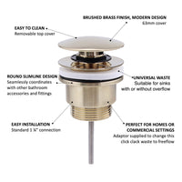 Universal click clack or freeflow basin waste for sinks with or without overflow - brushed brass