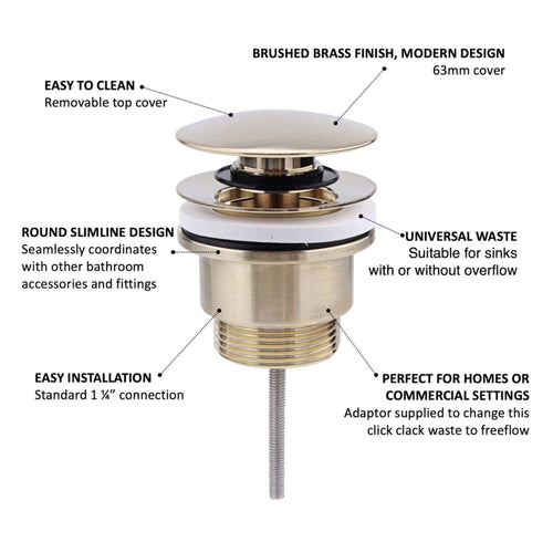 Buy Universal click clack or freeflow basin waste for sinks with or without overflow - brushed brass online UK