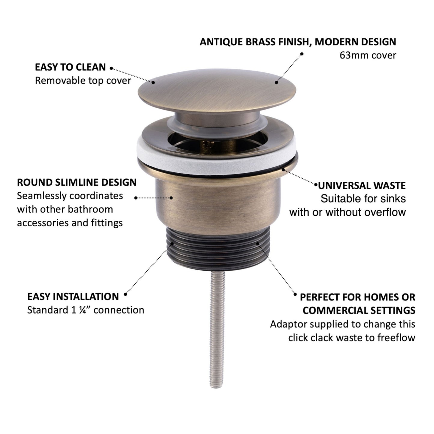 Universal click clack or freeflow basin waste for sinks with or without overflow - antique brass