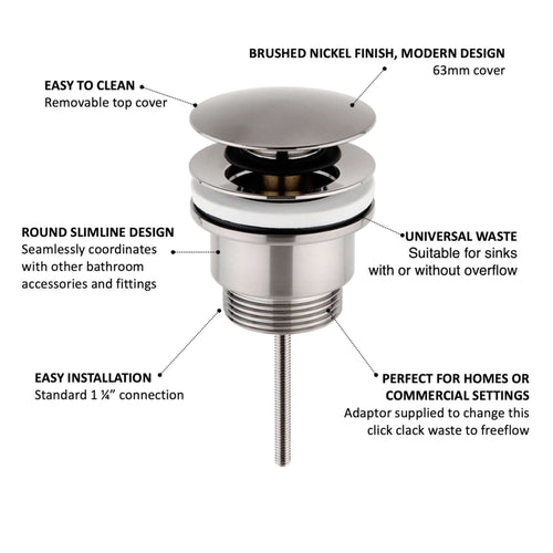 Buy Universal click clack or freeflow basin waste for sinks with or without overflow - brushed nickel online UK