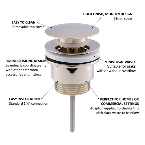 Buy Universal click clack or freeflow basin waste for sinks with or without overflow - gold online UK