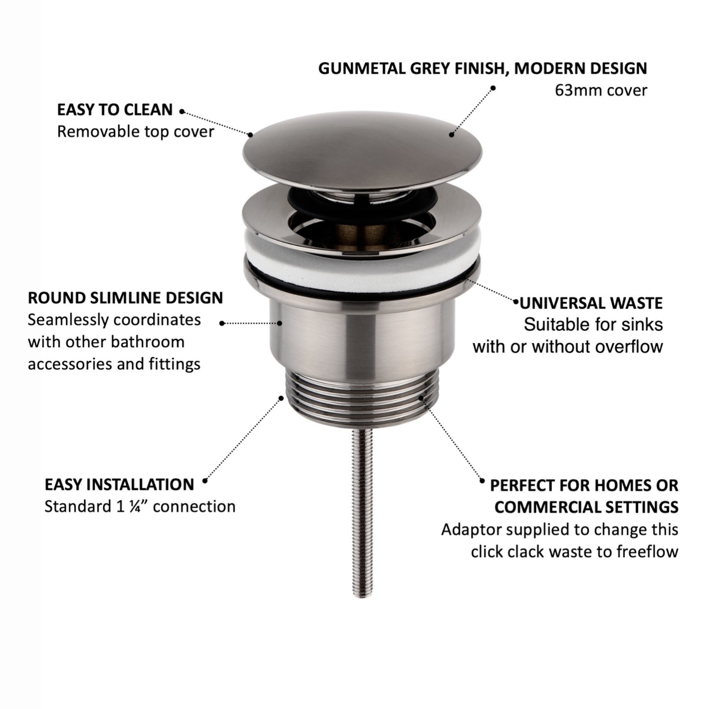 Universal click clack or freeflow basin waste for sinks with or without overflow - gunmetal grey