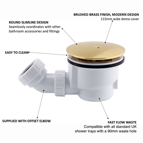 Buy Shower tray high flow waste 90mm - brushed brass online UK