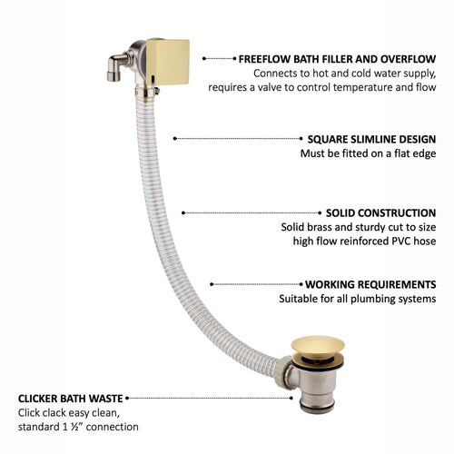 Buy Square freeflow bath filler with overflow and clicker waste - brushed brass online UK