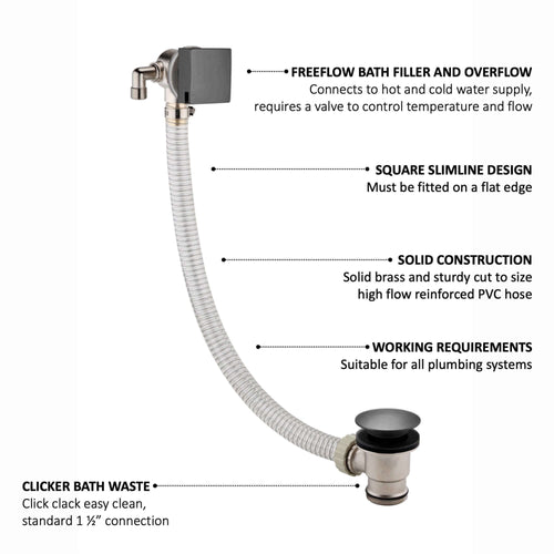 Buy Square freeflow bath filler with overflow and clicker waste - gunmetal grey online UK