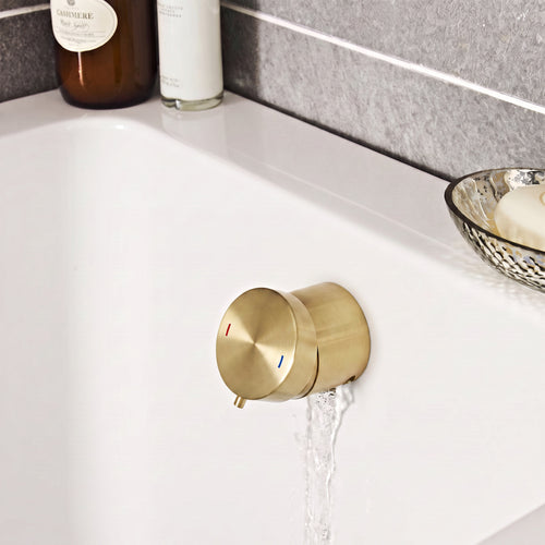 Round temperature control bath mixer filler with overflow and clicker waste - brushed brass