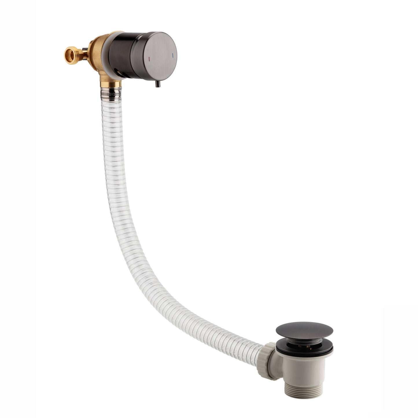 Round temperature control bath mixer filler with overflow and clicker waste - gunmetal grey