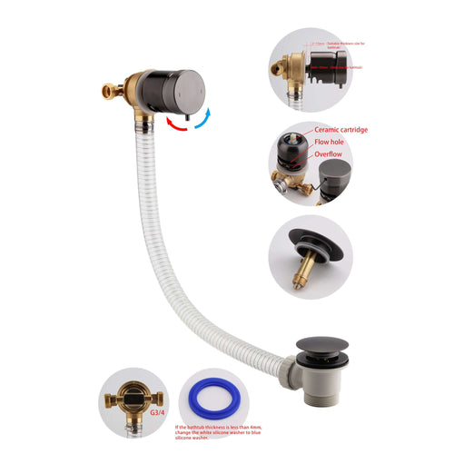 Buy Round temperature control bath mixer filler with overflow and clicker waste - gunmetal grey online UK