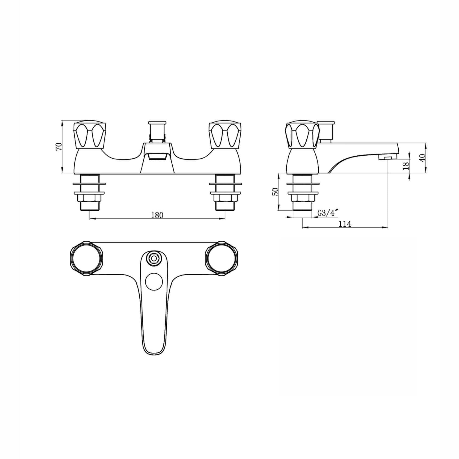 Technical drawing of a bath shower mixer tap with labeled dimensions, dual handles, and spout design for accurate installation