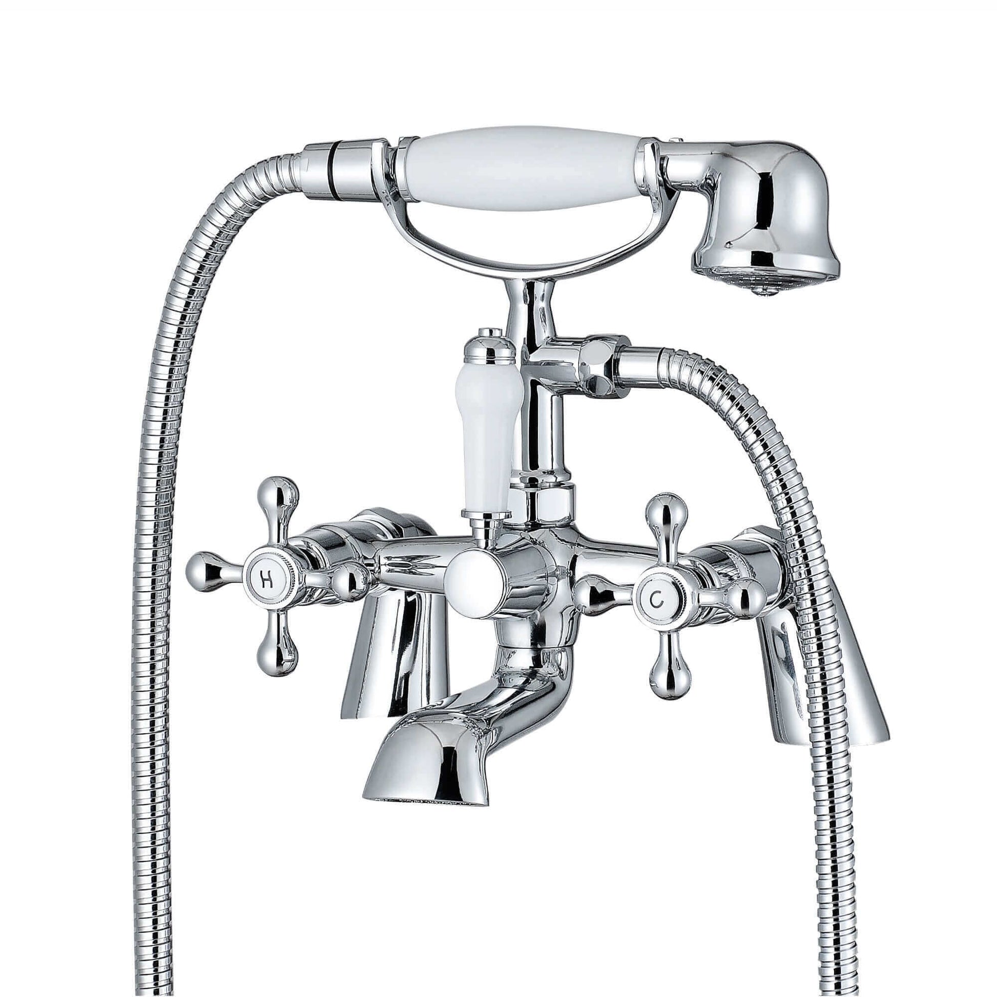 Traditional Beaumont bath shower mixer tap in chrome finish with a handheld shower attachment, crosshead handles, and vintage-style design