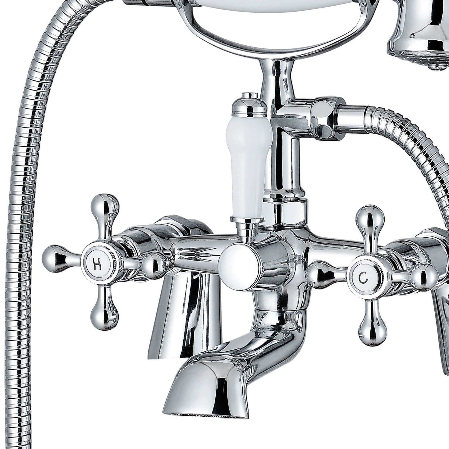 Close-up of Beaumont bath shower mixer tap in chrome finish, featuring crosshead handles, white diverter lever, and curved spout design