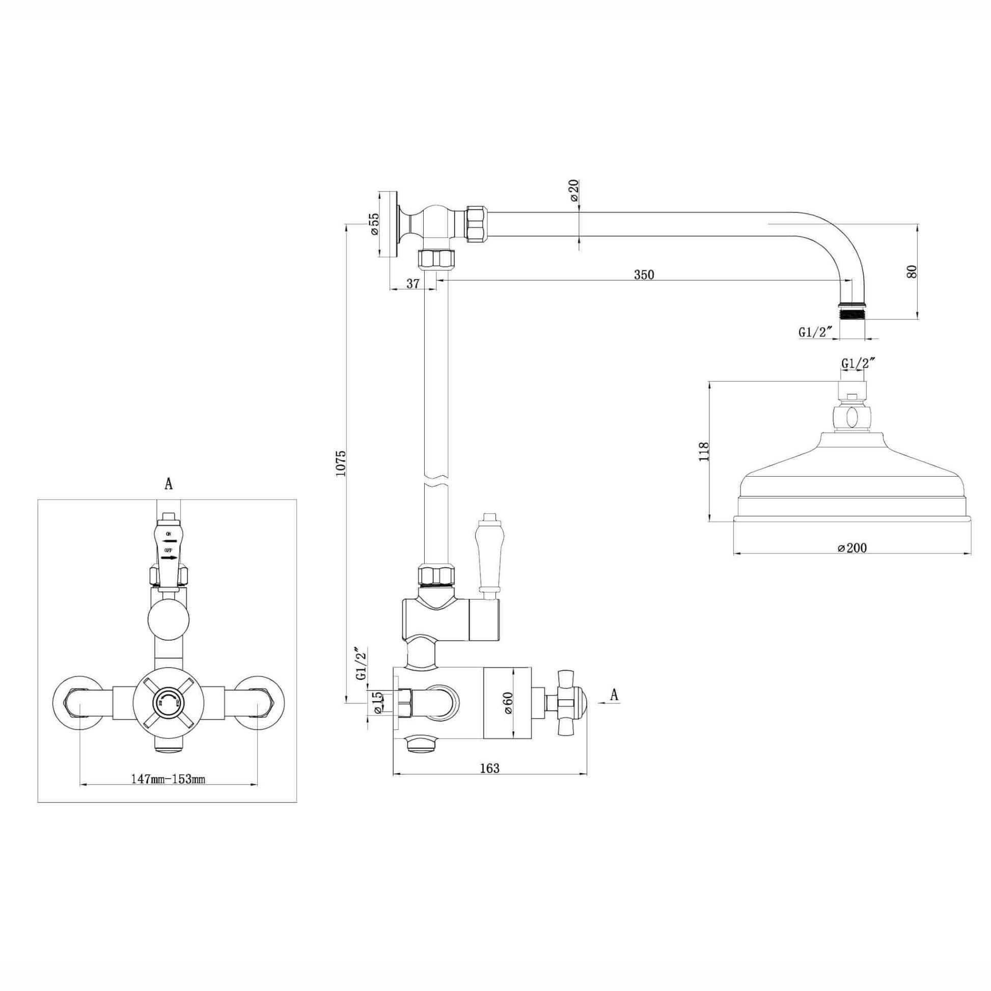 bronze shower dimensions diagram