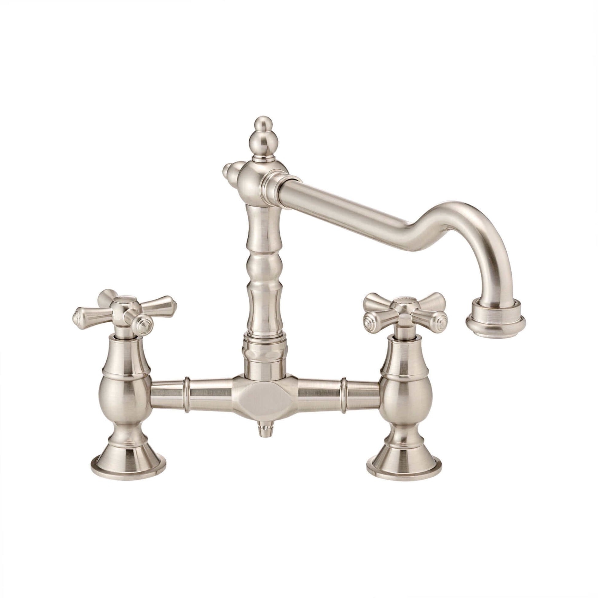 Brushed nickel kitchen bridge mixer tap featuring dual cross handles and a high-arched spout for a timeless and elegant look