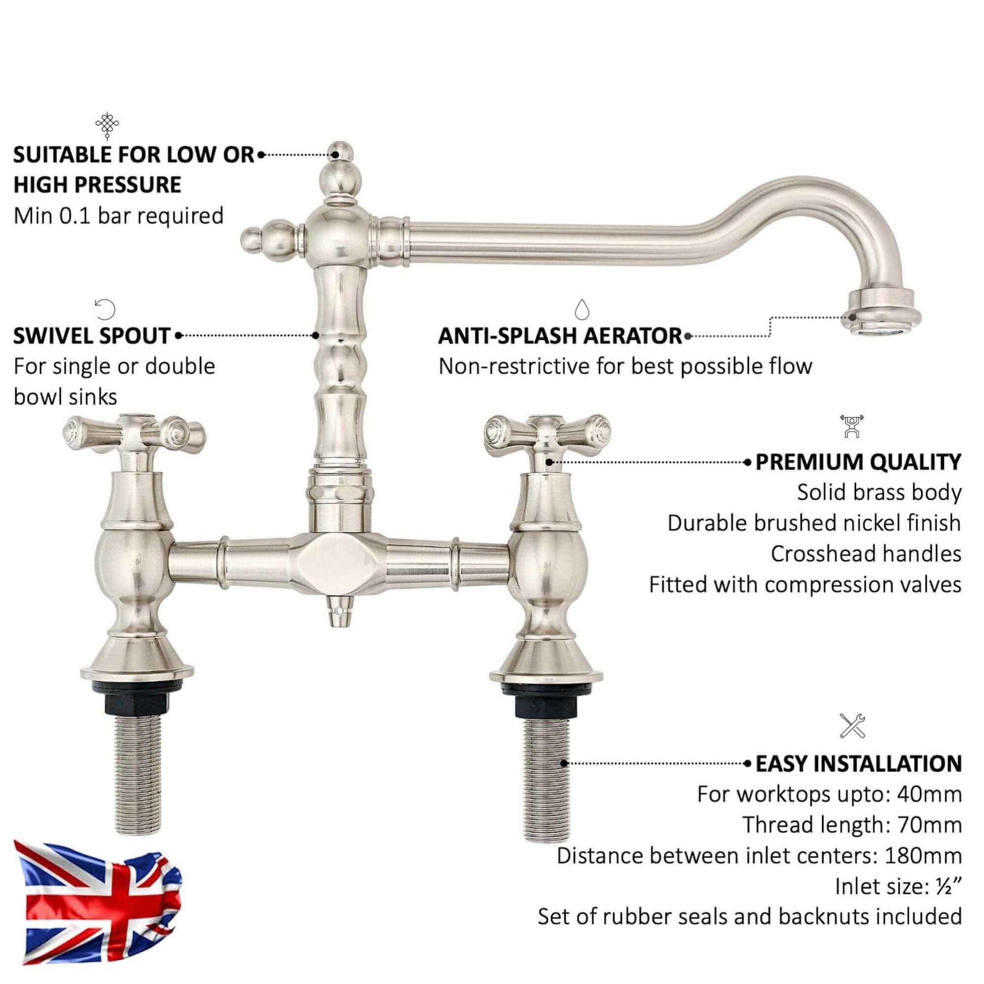 Brushed nickel kitchen bridge mixer tap with swivel spout, anti-splash aerator, and durable brass body, suitable for various water pressures