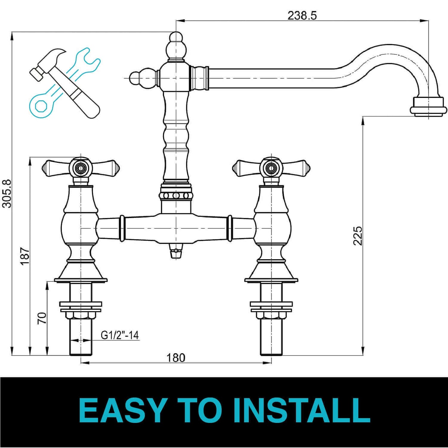 Technical diagram of brushed nickel kitchen bridge mixer tap with dimensions labeled for easy installation