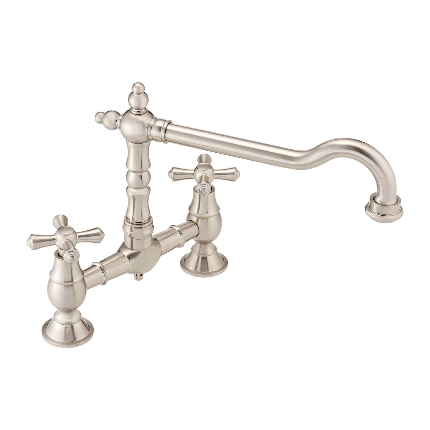  Brushed nickel kitchen bridge mixer tap with dual cross handles and elegant curved spout for a classic design