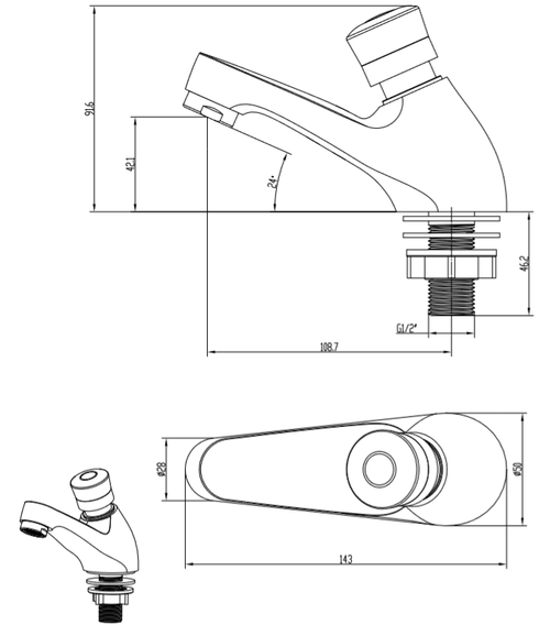 Tenor non concussive basin taps - chrome dimensions diagram