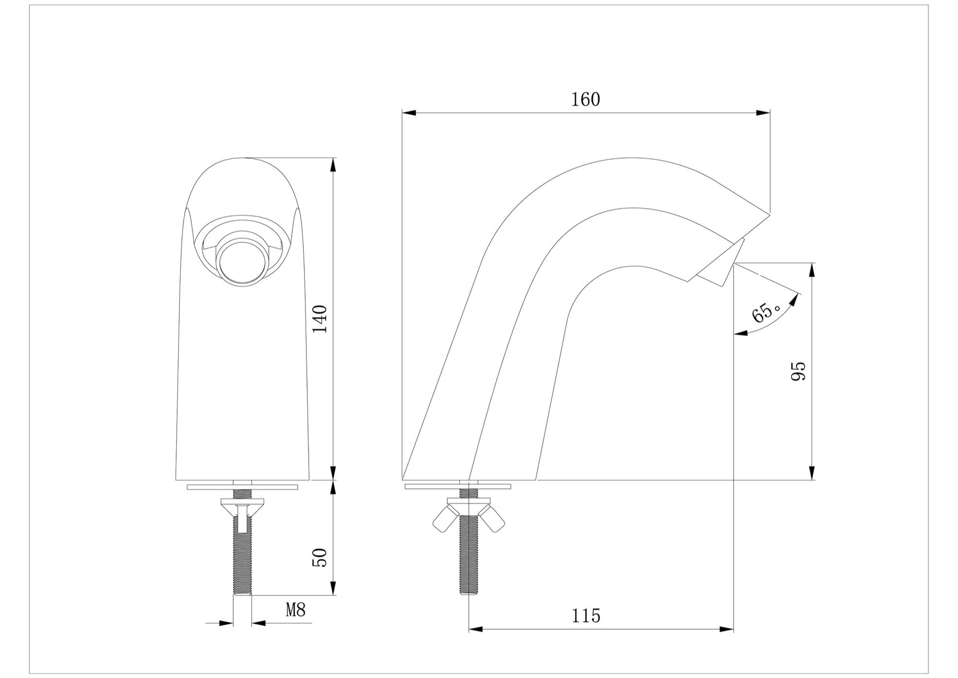 Optic deck mounted infra red tap - chrome dimensions diagram