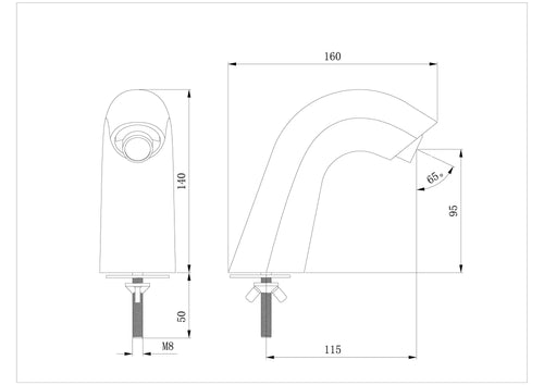 Optic deck mounted infra red tap - chrome dimensions diagram