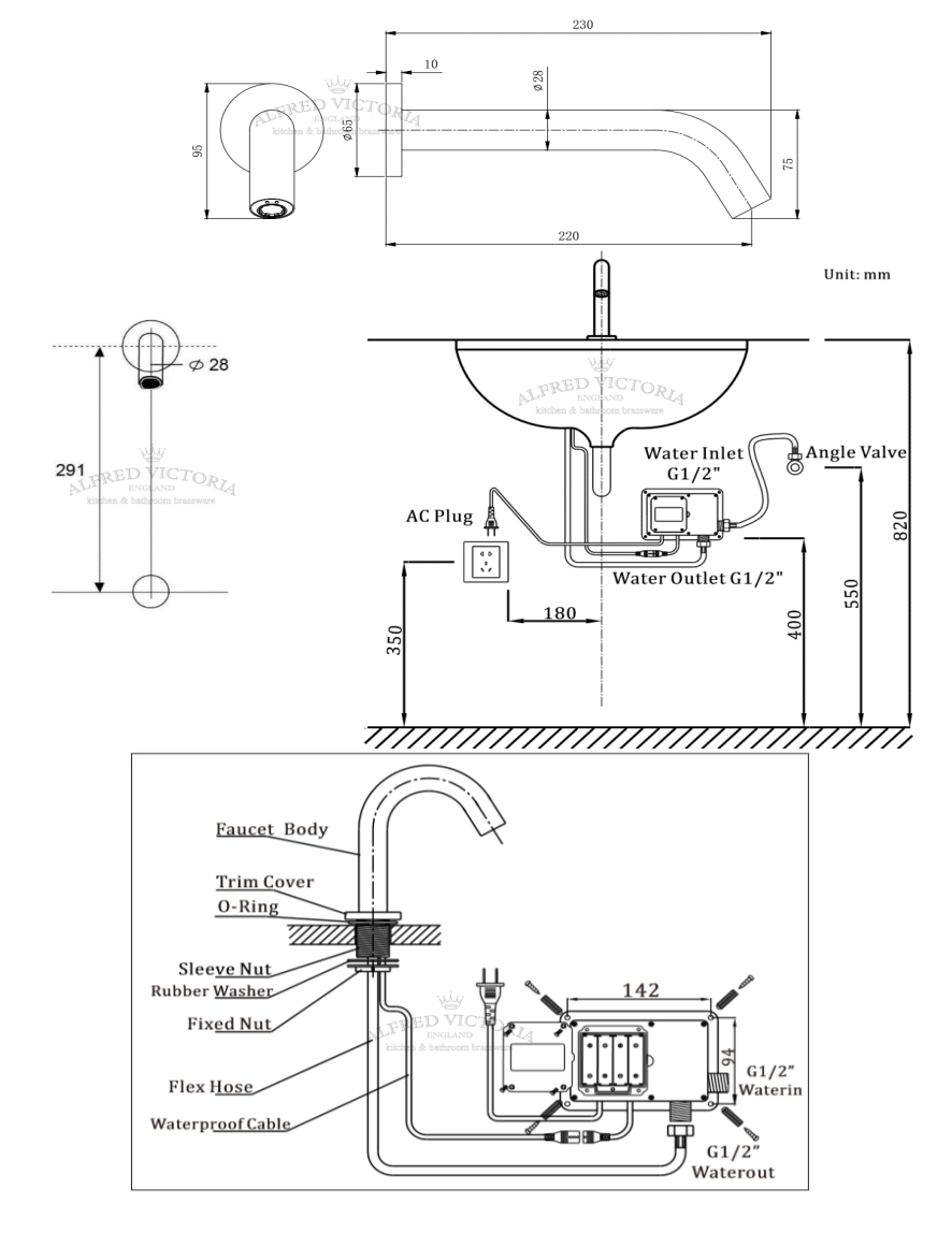 Optic wall mounted infra red tap - chrome dimensions diagram