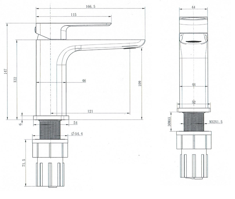 Ardley mono basin mixer with sprung waste - chrome dimensions diagram