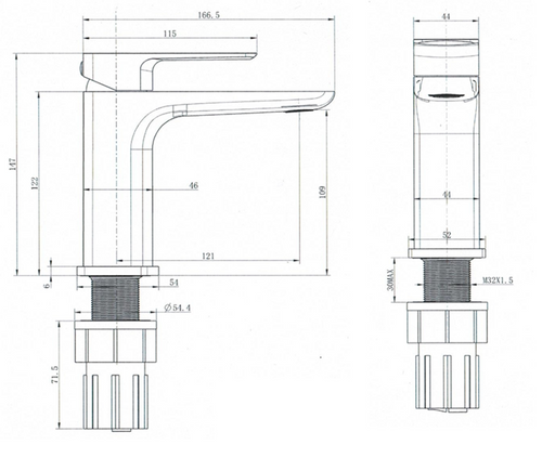 Ardley mono basin mixer with sprung waste - chrome dimensions diagram