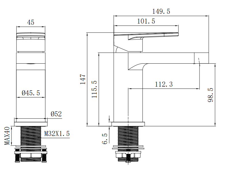 basin mono mixer with sprung waste - chrome dimensions diagram