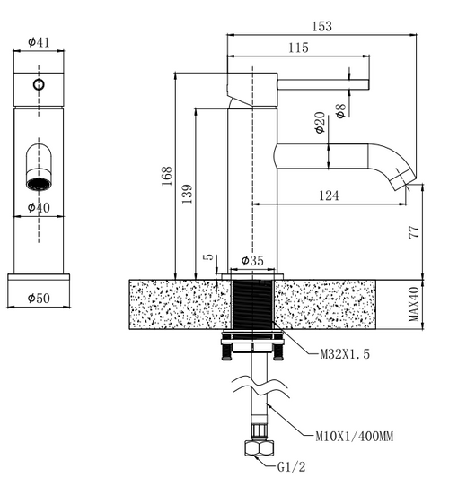 Calder cold start mono basin mixer with sprung waste - gunmetal grey dimensions diagram