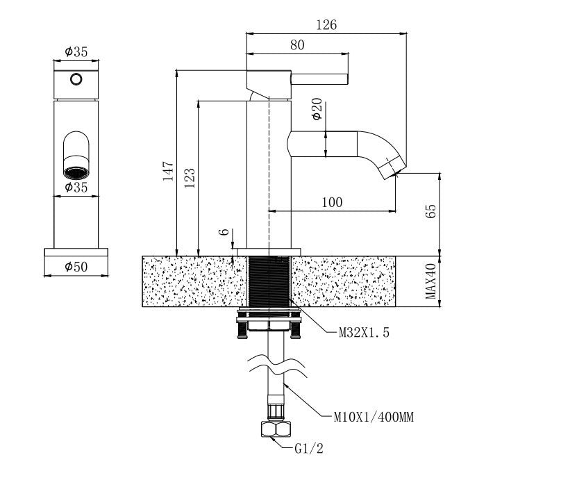 Calder mini mono basin mixer with sprung waste - chrome dimensions diagram