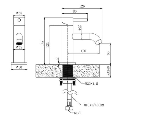 Calder mini mono basin mixer with sprung waste - gunmetal grey dimensions diagram