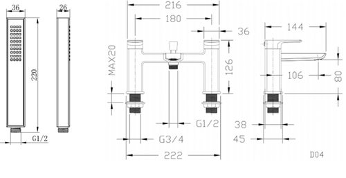Delamere bath shower mixer with shower kit - matt black dimensions diagram