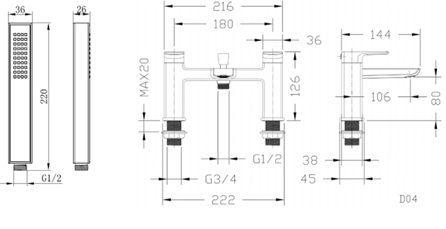 Delamere bath shower mixer with shower kit - black chrome dimensions diagram