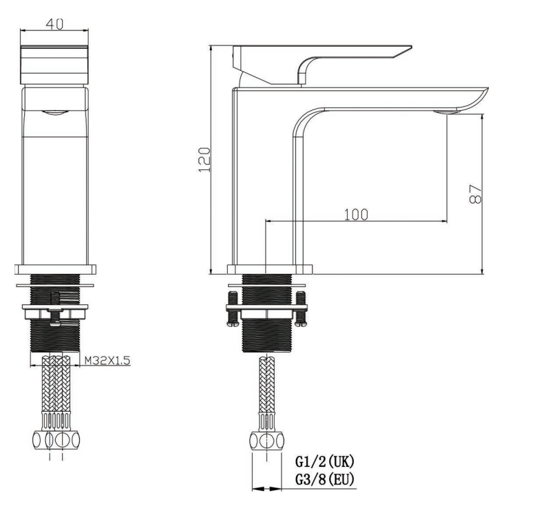 Delamere mini mono basin mixer with sprung waste - chrome dimensions diagram