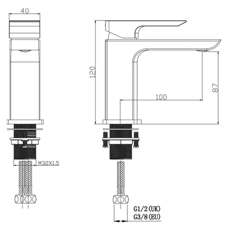 Delamere mini mono basin mixer with sprung waste - matt black dimensions diagram
